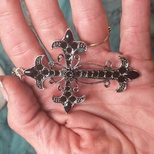 Large Silver Colored Cross with Black Embellishments on 24 Inch Chain